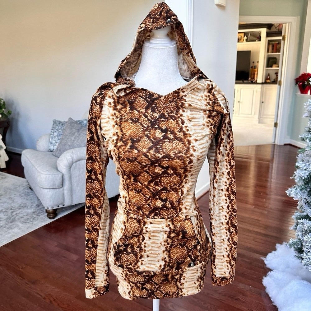 Apple Bottom Jeans Snake Print Tan Hues Black Long Sleeve Hooded Bodycon Dress